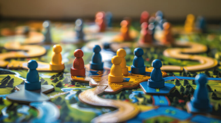 Strategic board game with wooden multi colored meeples on the table. Map with resources. Playing with friends, cozy evening leisure. Hobby for adults and families with children