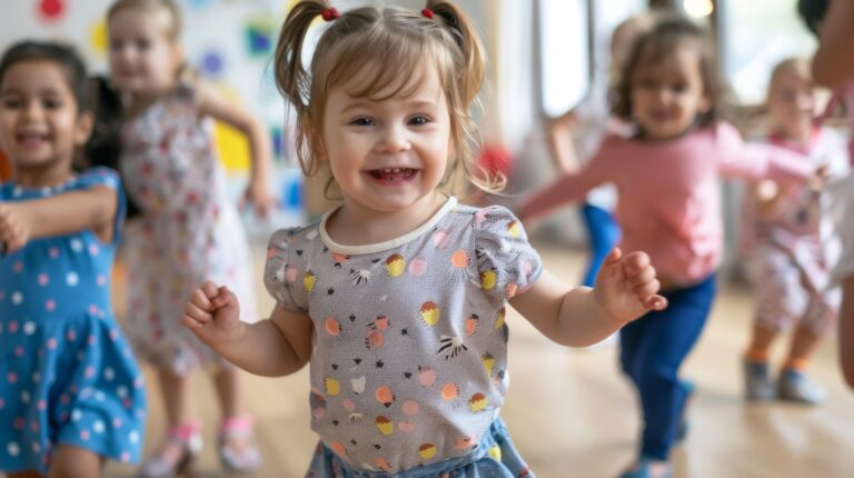 Children dancing happily together at nursery school